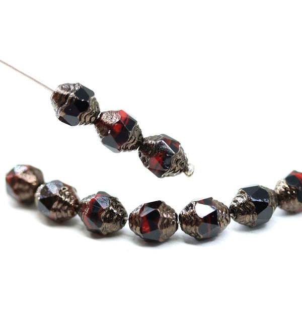 8x6mm Black red cathedral fire polished czech glass barrel beads - 15Pc