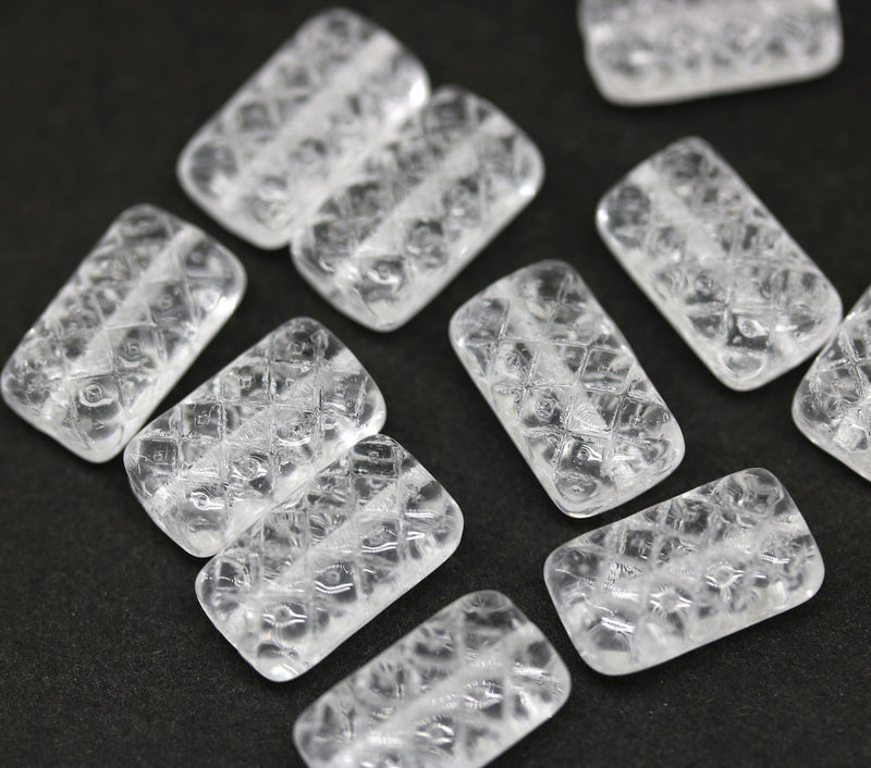 13x7mm Clear ornament rectangle pillows czech glass beads, 12pc