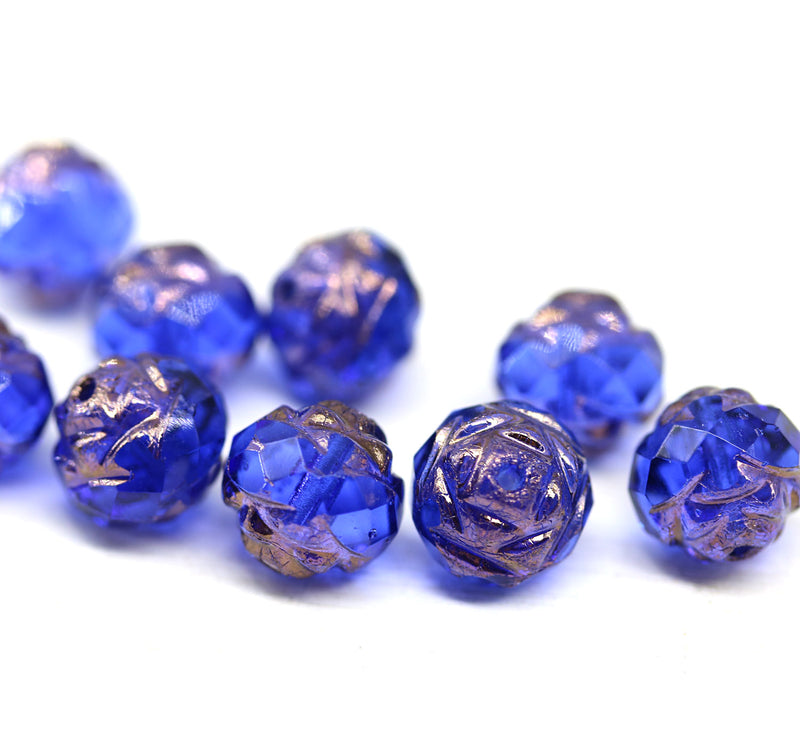 8mm Dark blue copper rose bud flower round fire polished beads 10pc