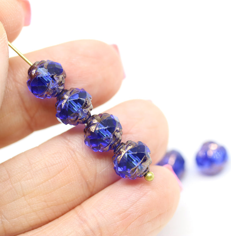 8mm Dark blue copper rose bud flower round fire polished beads 10pc
