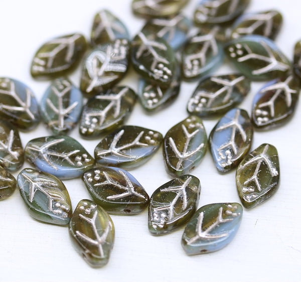 12x7mm Grey blue leaf beads Czech glass 30pc