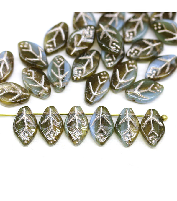 12x7mm Grey blue leaf beads Czech glass 30pc
