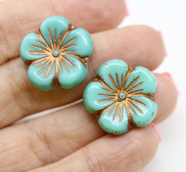 22mm Turquoise green copper large czech glass flower beads, 2pc