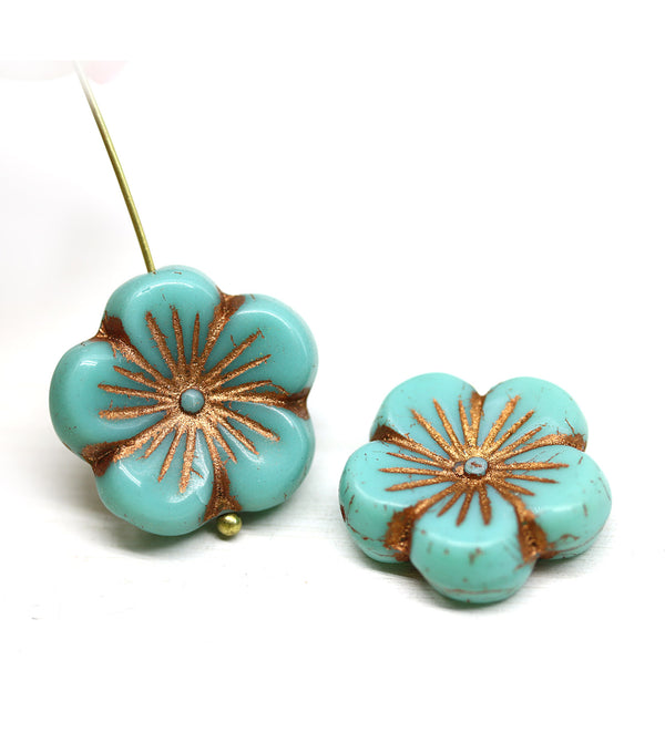 22mm Turquoise green copper large czech glass flower beads, 2pc