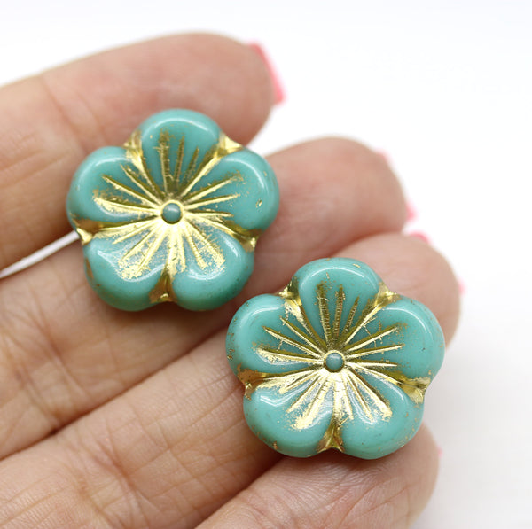22mm Turquoise green golden large czech glass flower beads, 2pc