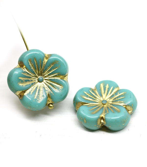 22mm Turquoise green golden large czech glass flower beads, 2pc