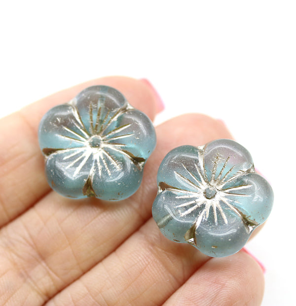 22mm Blue silver large czech glass flower beads, 2pc
