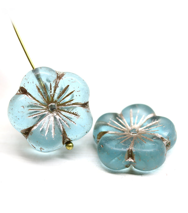 22mm Blue silver large czech glass flower beads, 2pc