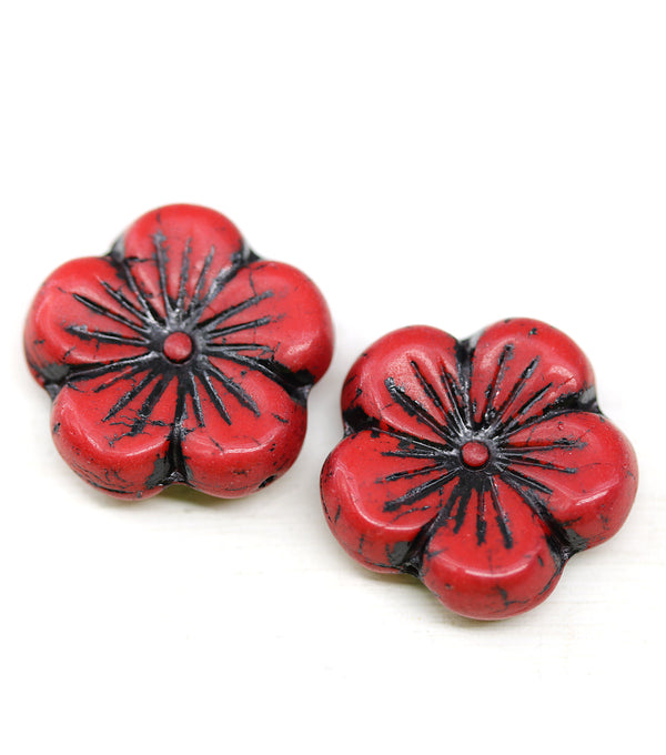 22mm Opaque red black large czech glass flower beads, 2pc