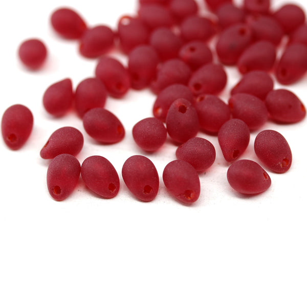5x7mm Frosted red teardrops czech glass beads, 50pc