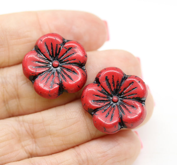 22mm Opaque red black large czech glass flower beads, 2pc