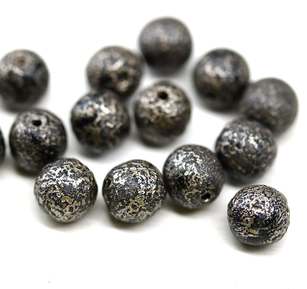 8mm Black with silver finish round czech glass druk beads, 15Pc