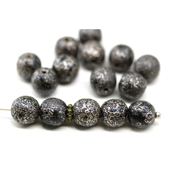 8mm Black with silver finish round czech glass druk beads, 15Pc