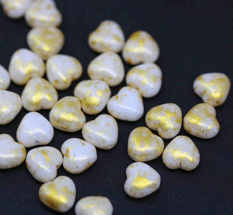 6mm White heart Czech glass beads, gold wash, 30pc