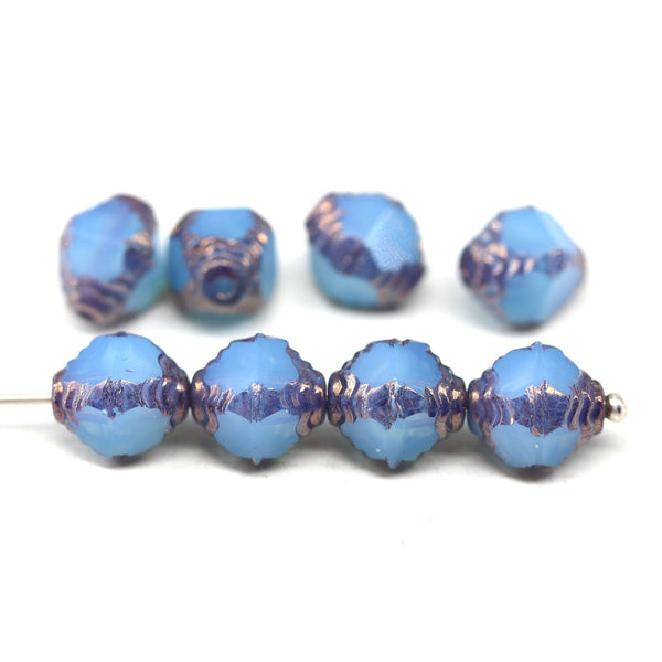 10x8mm Opal blue czech glass fire polished beads copper ends, 8Pc