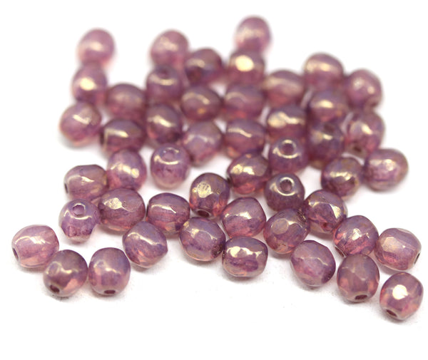 4mm Dark pink czech glass faceted beads goldish luster fire polished - 50Pc