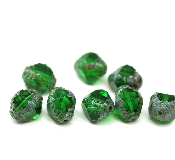 10x8mm Emerald green czech glass fire polished beads picasso ends, 8Pc