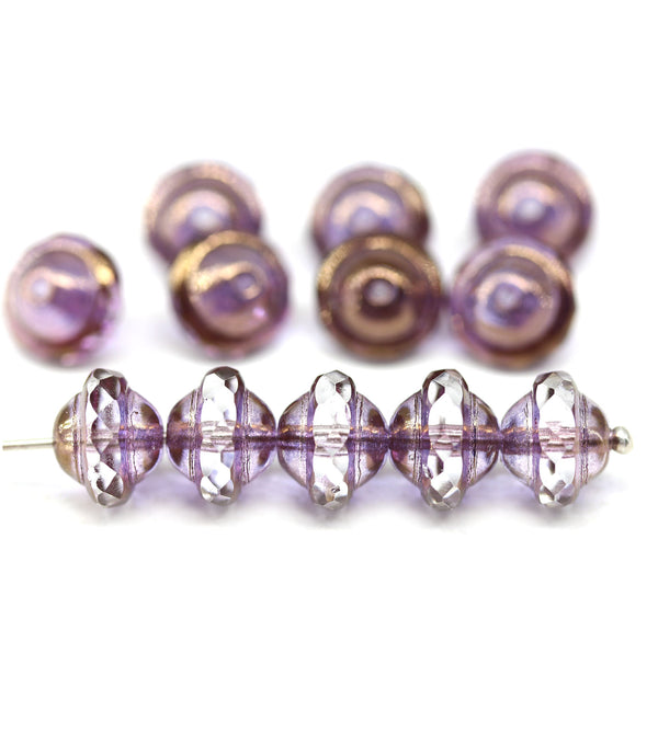 8x10mm Purple saucer Czech glass beads, UFO shape, luster ends - 6pc