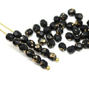 4mm Black czech glass fire polished beads gold wash, 50Pc