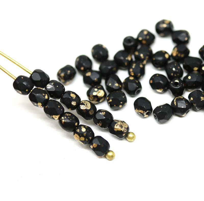 4mm Black czech glass fire polished beads gold wash, 50Pc