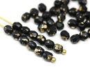 4mm Black czech glass fire polished beads gold wash, 50Pc