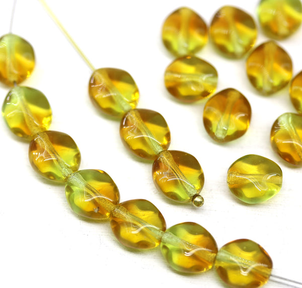 9x8mm Yellow green flat oval wavy czech glass beads, 20Pc