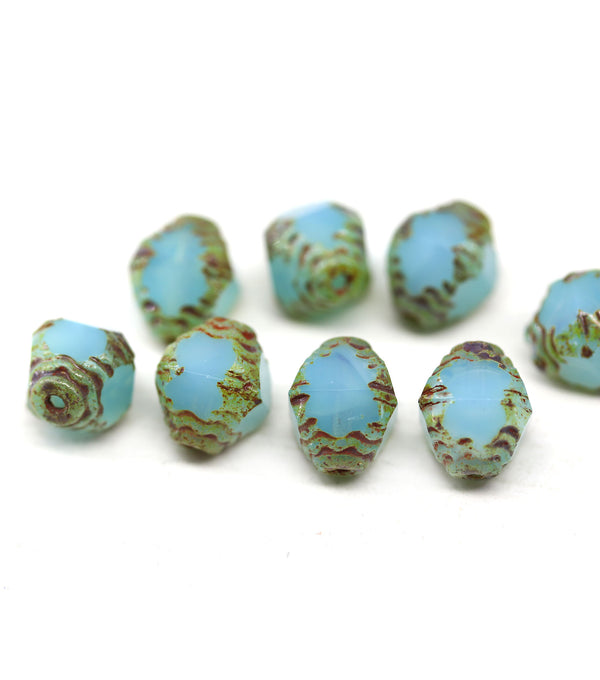 10x8mm Opal blue czech glass fire polished beads picasso ends, 8Pc