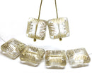 14mm Large carved square czech glass thick beads Crystal clear golden wash, 6Pc