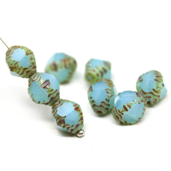 10x8mm Opal blue czech glass fire polished beads picasso ends, 8Pc