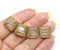 14mm Large carved square czech glass thick beads Crystal clear golden wash, 6Pc