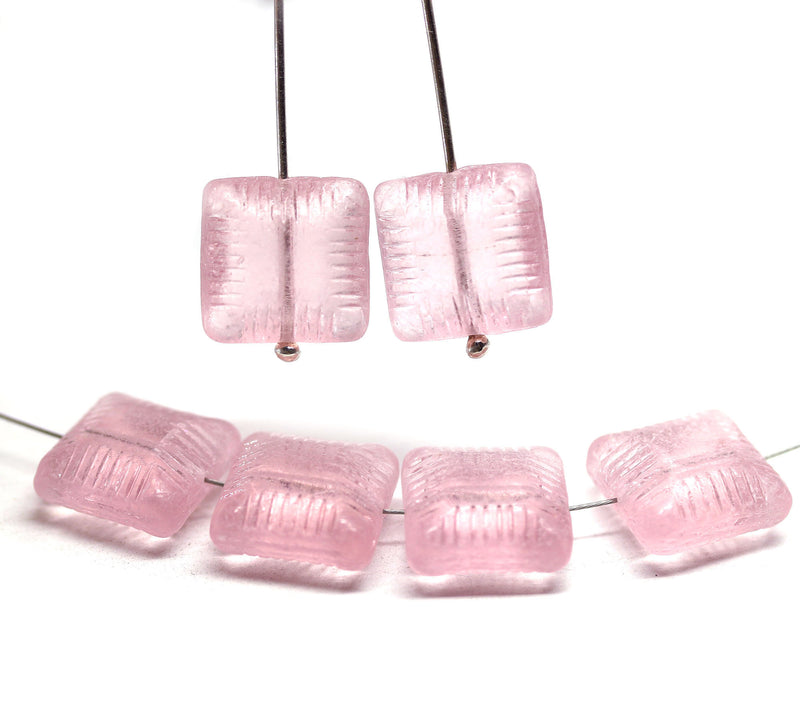 14mm Large carved square czech glass thick beads Rose pink, 6Pc