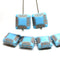 14mm Large carved square czech glass thick beads Turquoise blue copper wash, 6Pc
