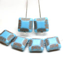 14mm Large carved square czech glass thick beads Turquoise blue copper wash, 6Pc