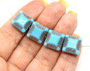 14mm Large carved square czech glass thick beads Turquoise blue copper wash, 6Pc