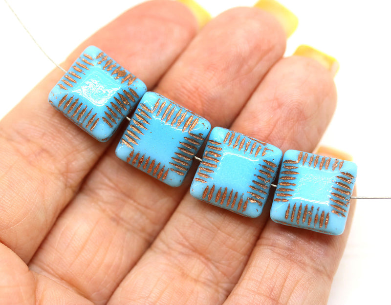 14mm Large carved square czech glass thick beads Turquoise blue copper wash, 6Pc