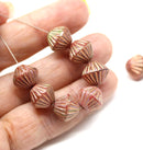 11mm Pink czech glass bicone beads golden stripes, 10pc