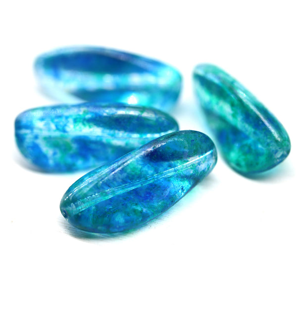 24x13mm Blue green oval Czech glass large twist beads 4pc