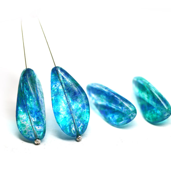 24x13mm Blue green oval Czech glass large twist beads 4pc