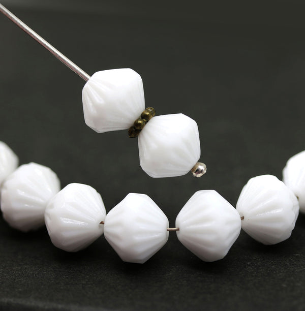 9mm White czech glass bicone fire polished beads, 10Pc
