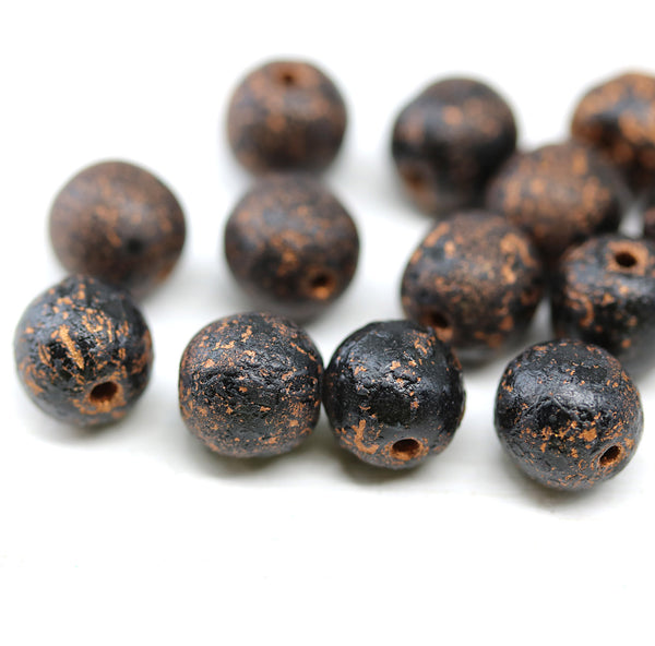 8mm Black with copper finish round czech glass druk beads, 15Pc