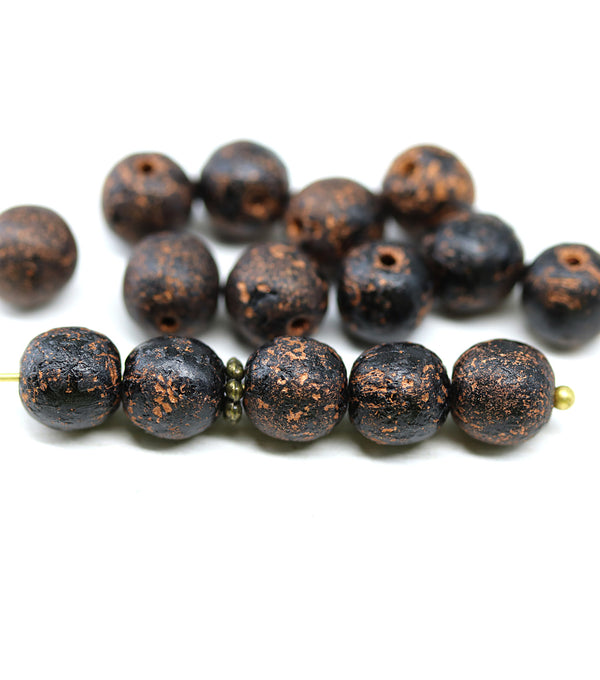 8mm Black with copper finish round czech glass druk beads, 15Pc