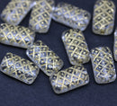 13x7mm Clear ornament rectangle pillows czech glass beads, golden wash, 12pc