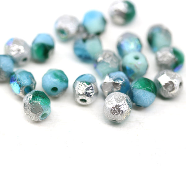 6mm Blue silver fire polished round czech glass beads, 20pc