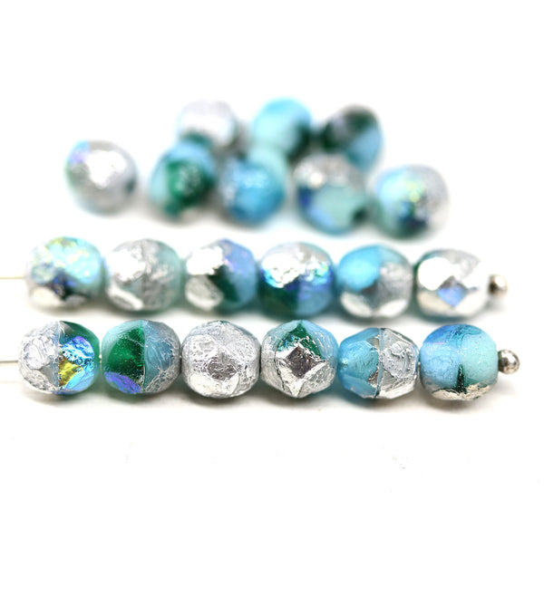 6mm Blue silver fire polished round czech glass beads, 20pc