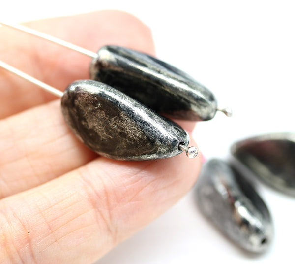 24x13mm Black oval Czech glass large twist beads 4pc