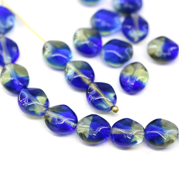 9x8mm Blue grey flat oval wavy czech glass beads, 20Pc