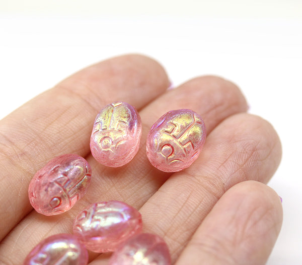 Pink Scarab Czech glass beads 6pc