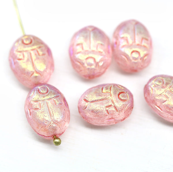 Pink Scarab Czech glass beads 6pc
