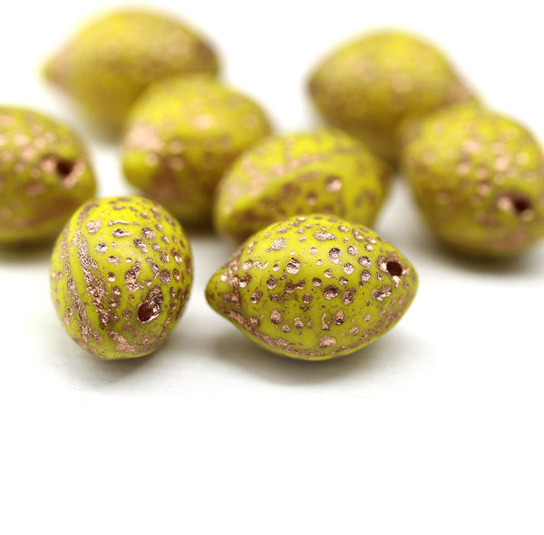 14x10mm Green Lemon Czech Glass Beads, Copper Wash 6pc