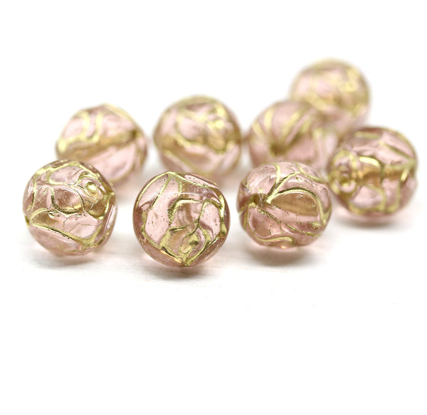 10mm Pink Rose Bud Czech Glass Beads, Gold Inlays